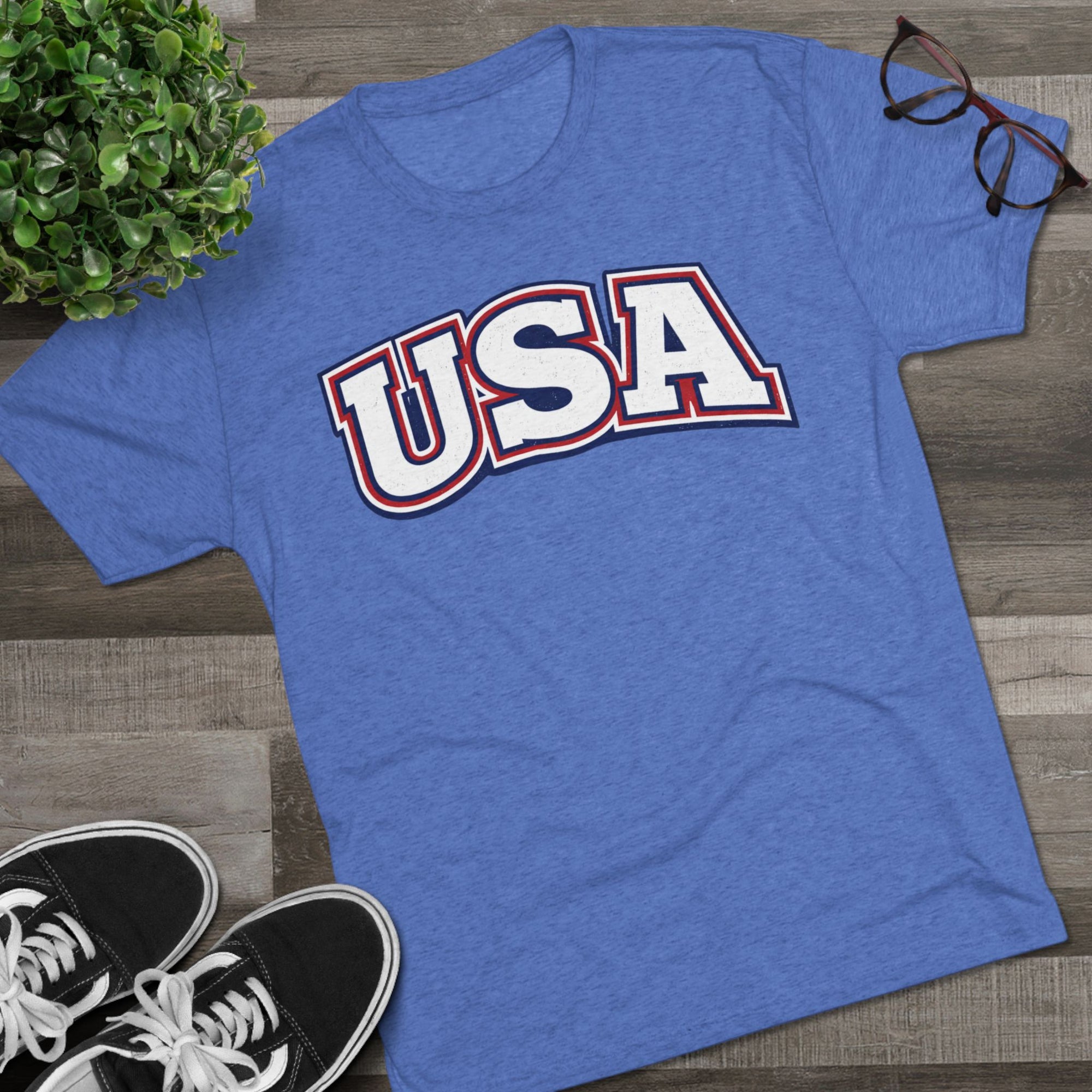 USA Retro Arch Tee | Patriotic Red White Blue Graphic Shirt