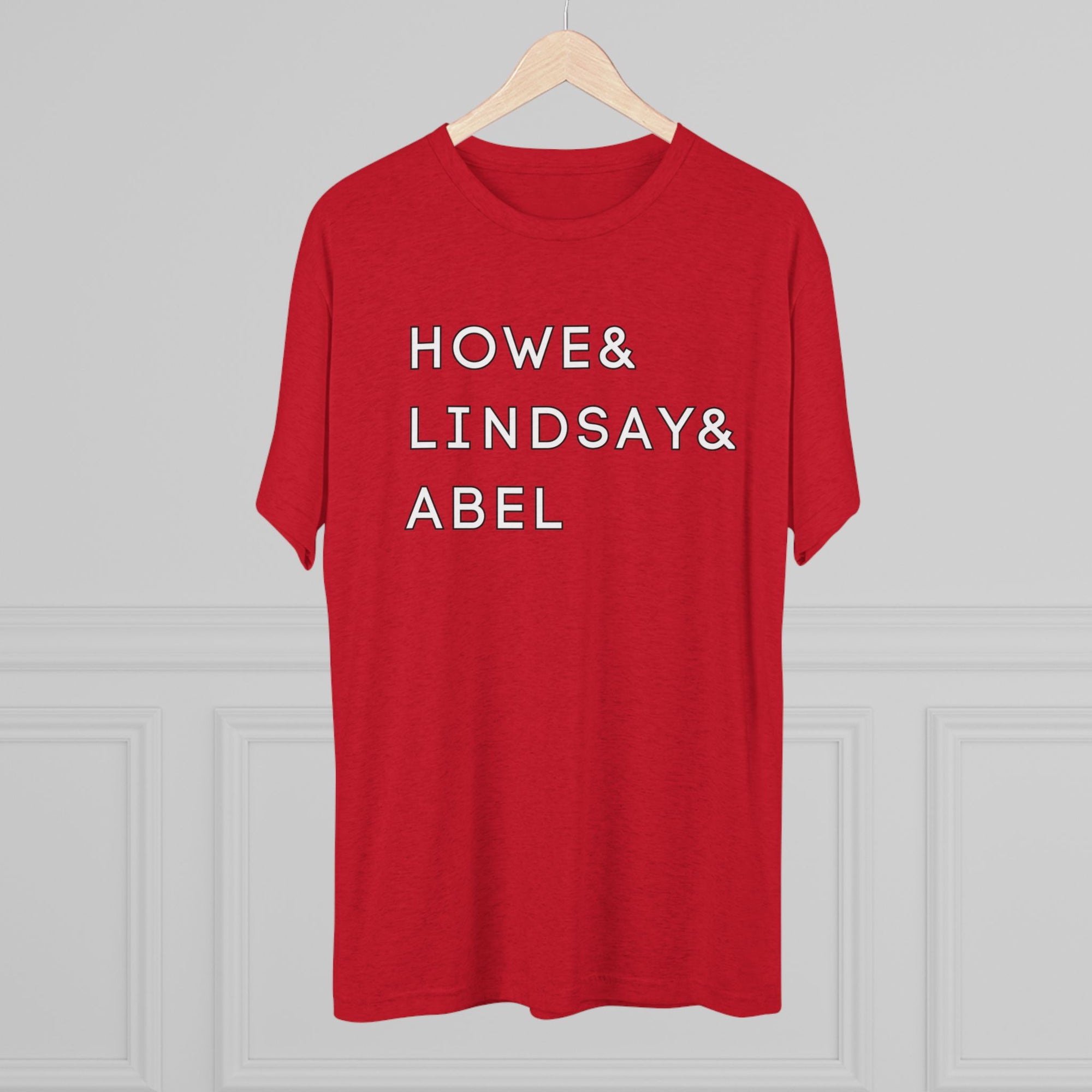 Production Line Howe, Lindsay and Abel Red Wings Greats Surnames Stack Tee | Howe Lindsay Abel T-Shirt | Triblend Comfy Soft Buttery Feel
