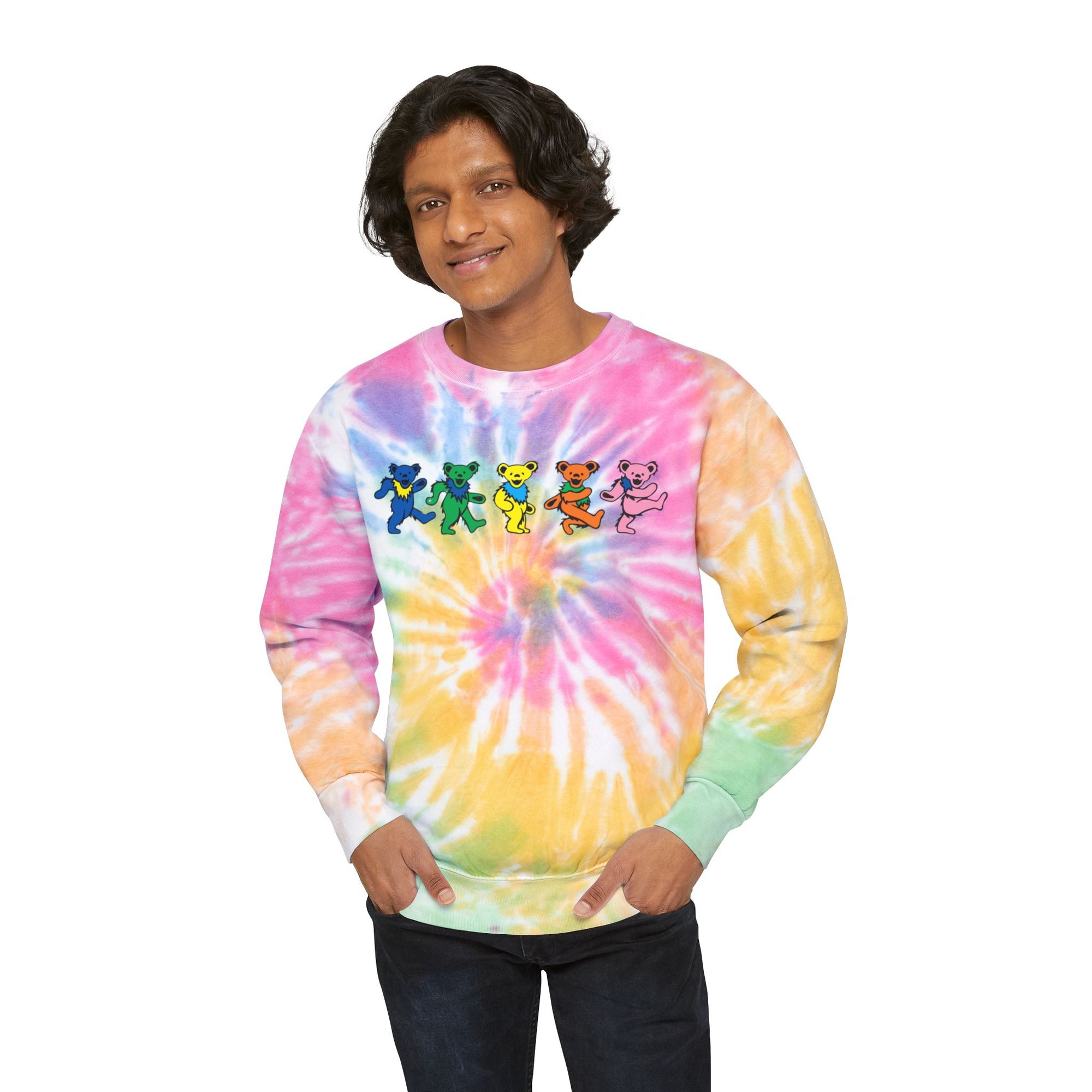 Dancing Rainbow Bears Sweatshirt | Light Blue Tie-Dye Crewneck