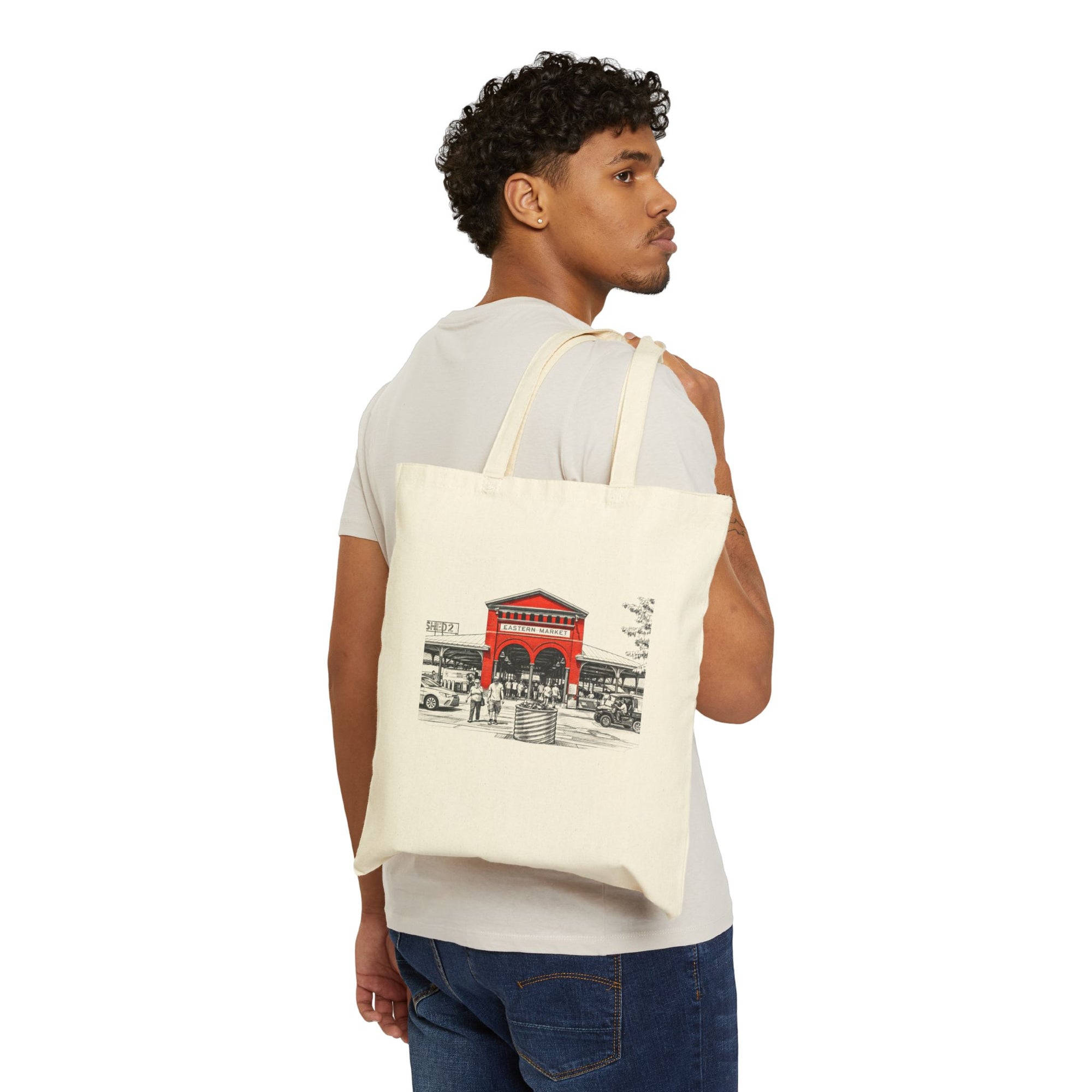Historic Eastern Market Building Tote Bag | Canvas Market Scene Tote | Detroit Building Tote Bag