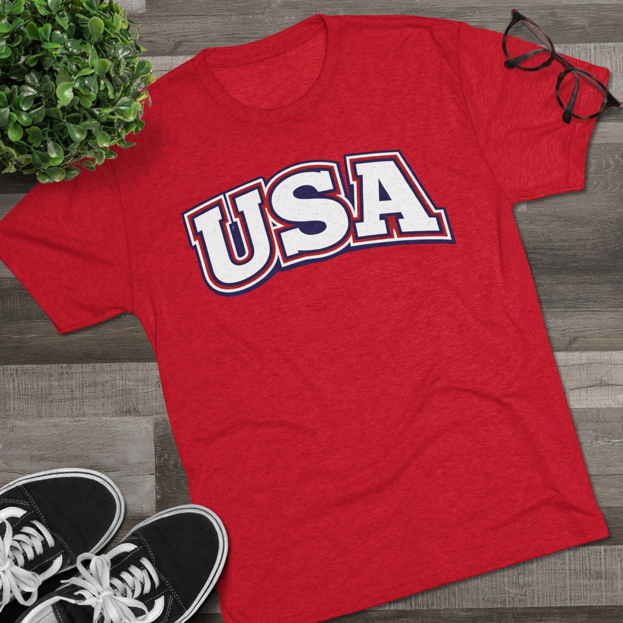 USA Retro Arch Tee | Patriotic Red White Blue Graphic Shirt