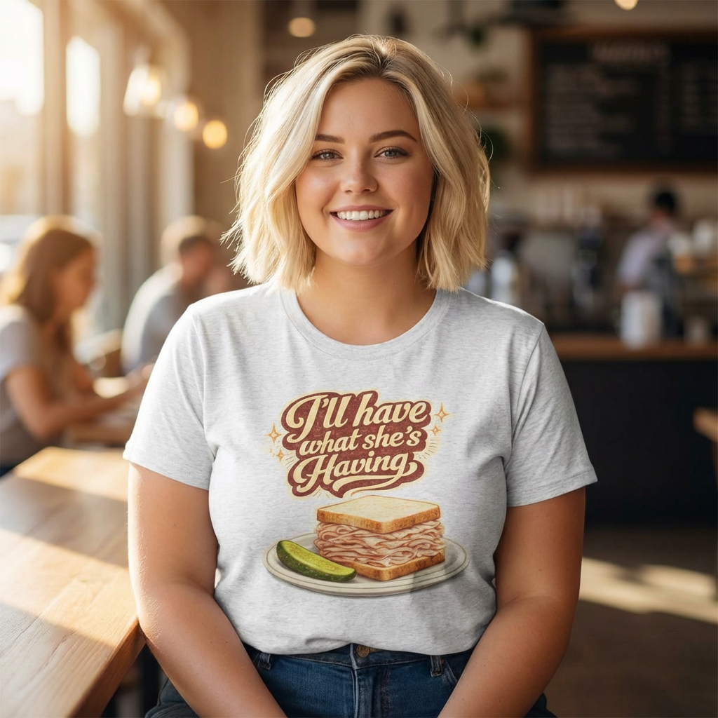I'll Have What Shes Having Shirt, Funny Deli Sandwich Tee, Movie Quote T-Shirt, Foodie Gift for Her, Retro Graphic Tee, Rom Com Fan Shirt