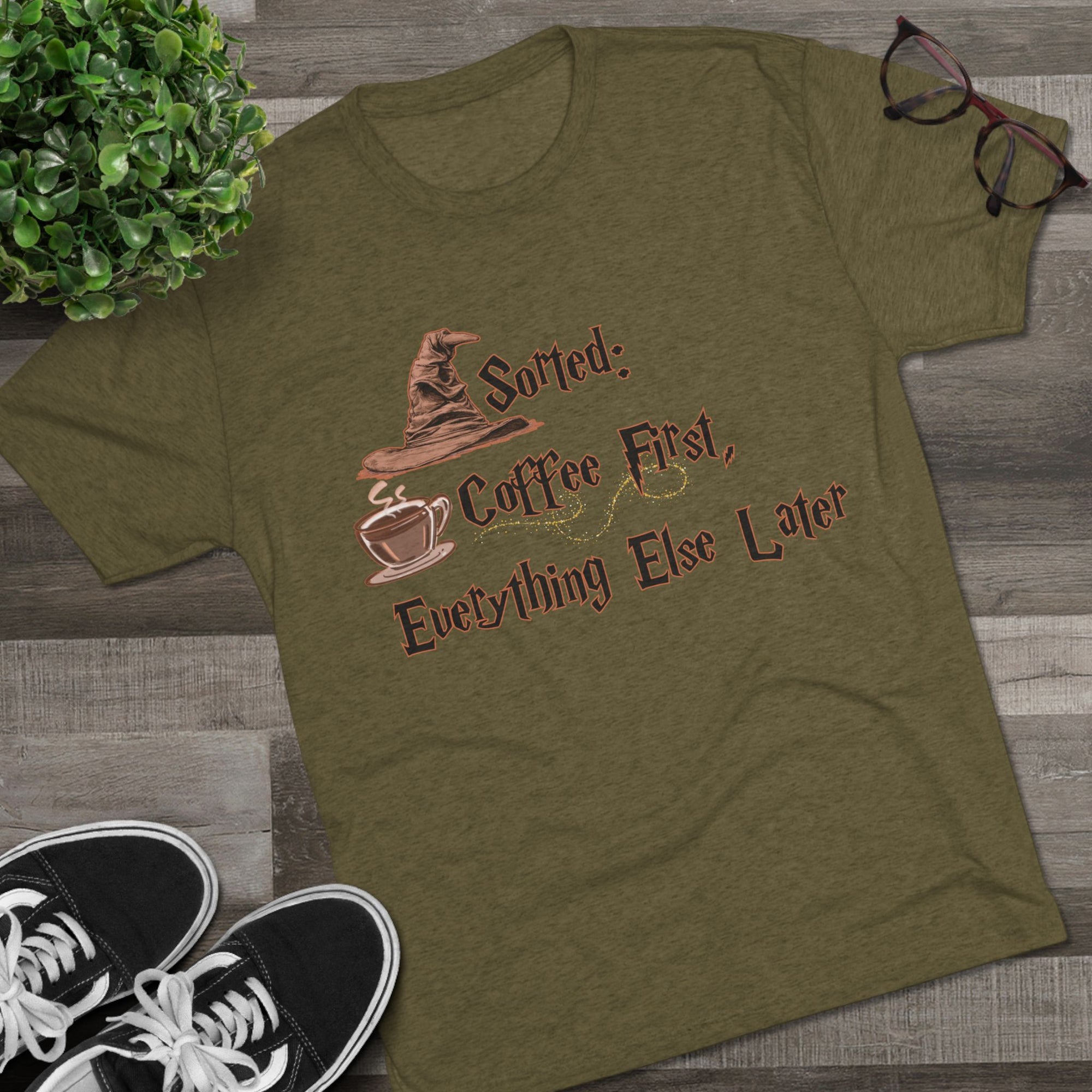 Sorted Coffee First Shirt, Funny Wizard Coffee Tee, Magic Coffee Lover Gift, Fantasy Fan Shirt, Funny Gift for Her, Triblend Coffee Tee