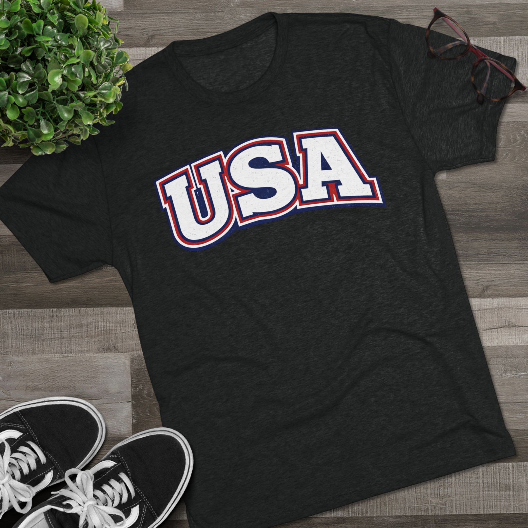 USA Retro Arch Tee | Patriotic Red White Blue Graphic Shirt