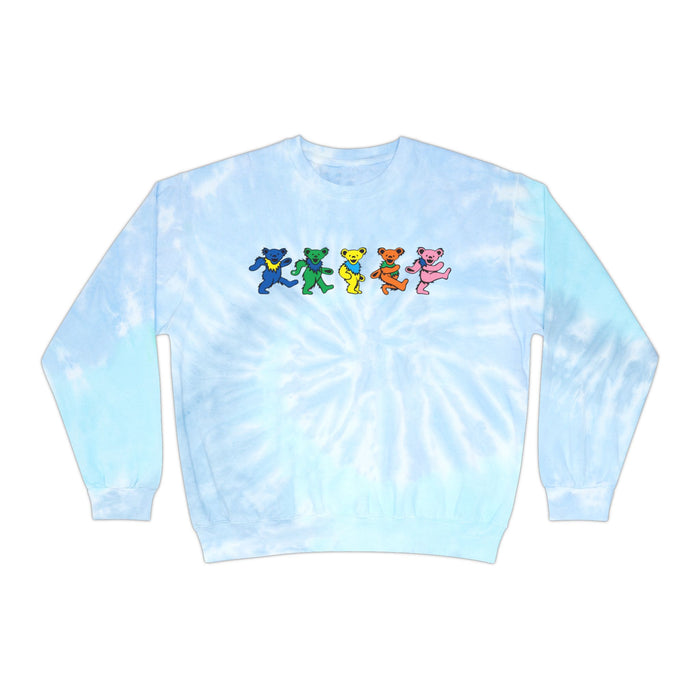 Dancing Rainbow Bears Sweatshirt | Light Blue Tie-Dye Crewneck