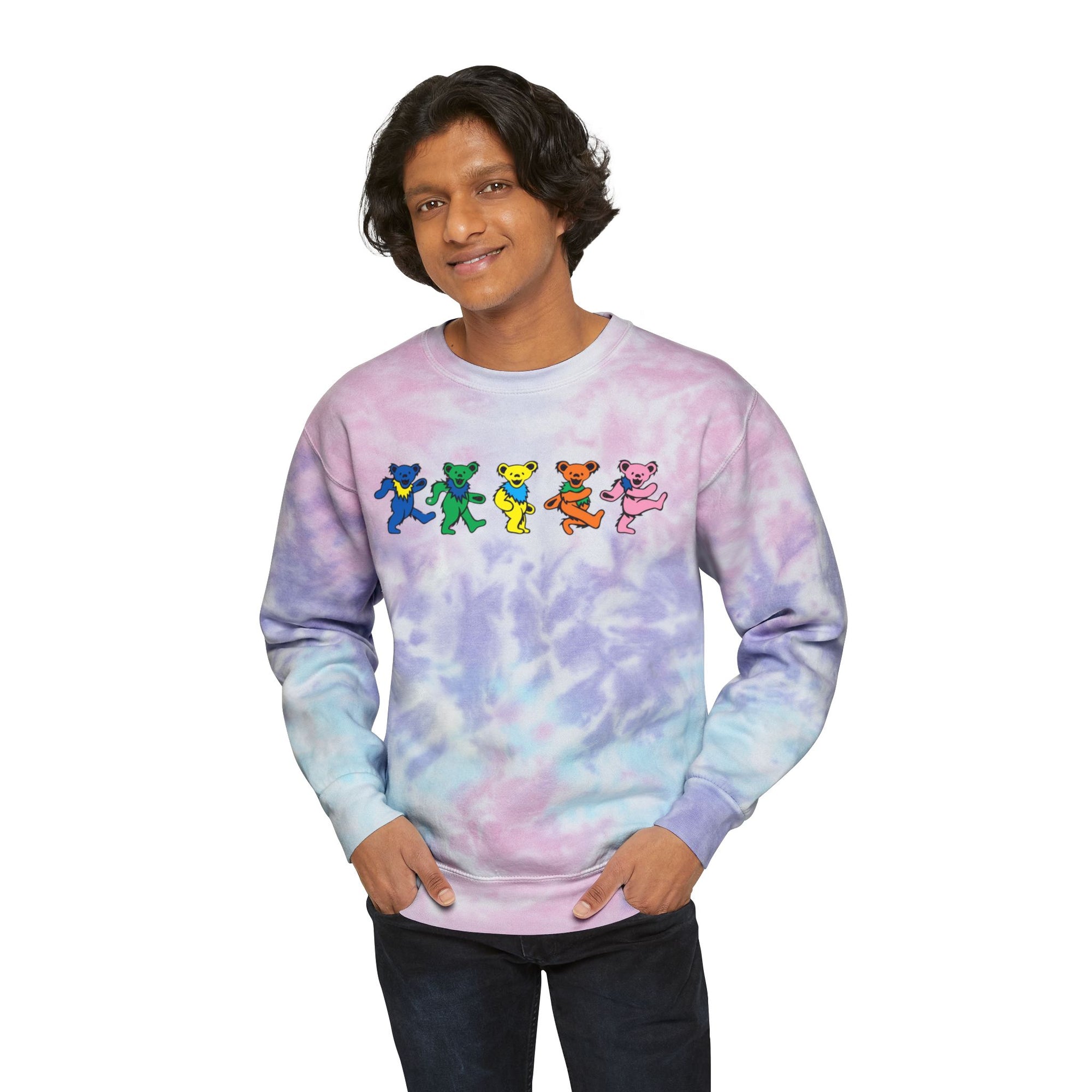 Dancing Rainbow Bears Sweatshirt | Light Blue Tie-Dye Crewneck