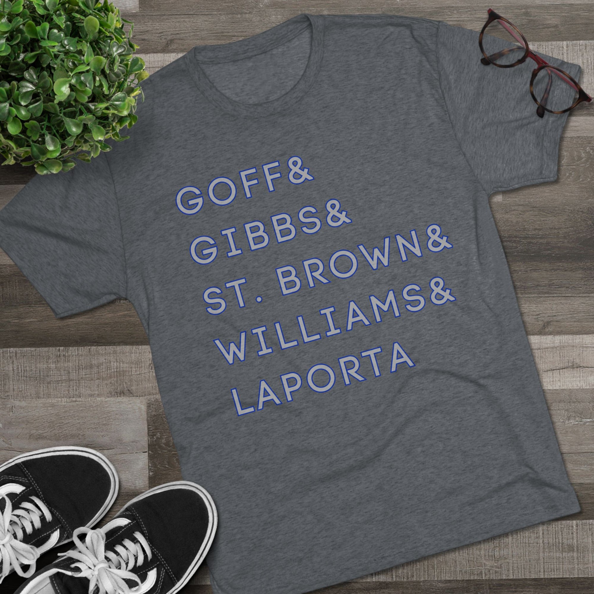 Detroit Lions Names Stack Tee | Goff Gibbs St. Brown Williams LaPorta T-Shirt | Triblend Comfy Soft Buttery Feel
