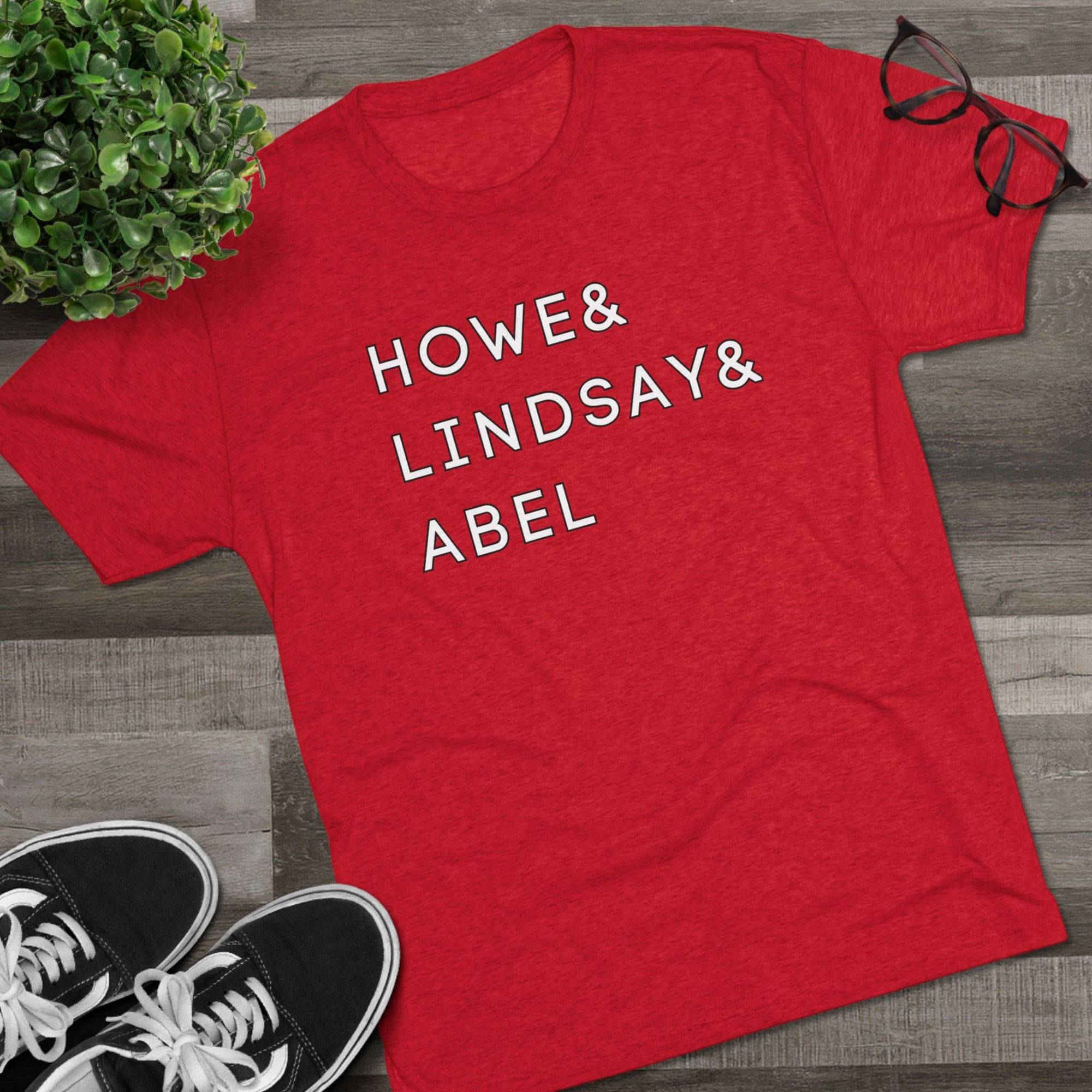 Production Line Howe, Lindsay and Abel Red Wings Greats Surnames Stack Tee | Howe Lindsay Abel T-Shirt | Triblend Comfy Soft Buttery Feel