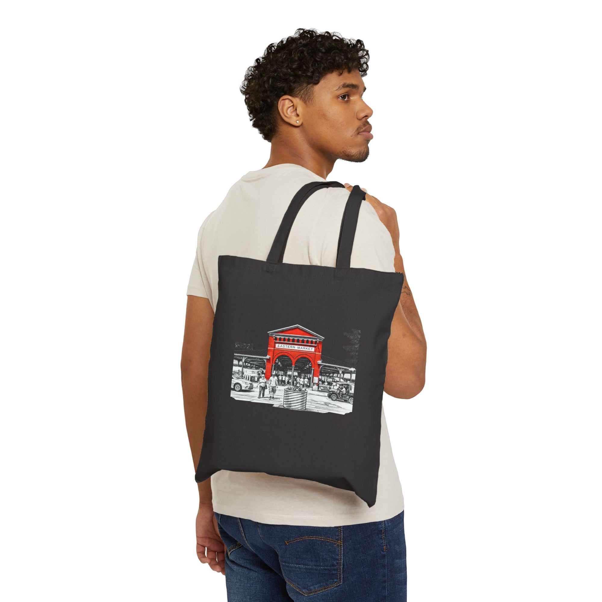Historic Eastern Market Building Tote Bag | Canvas Market Scene Tote | Detroit Building Tote Bag