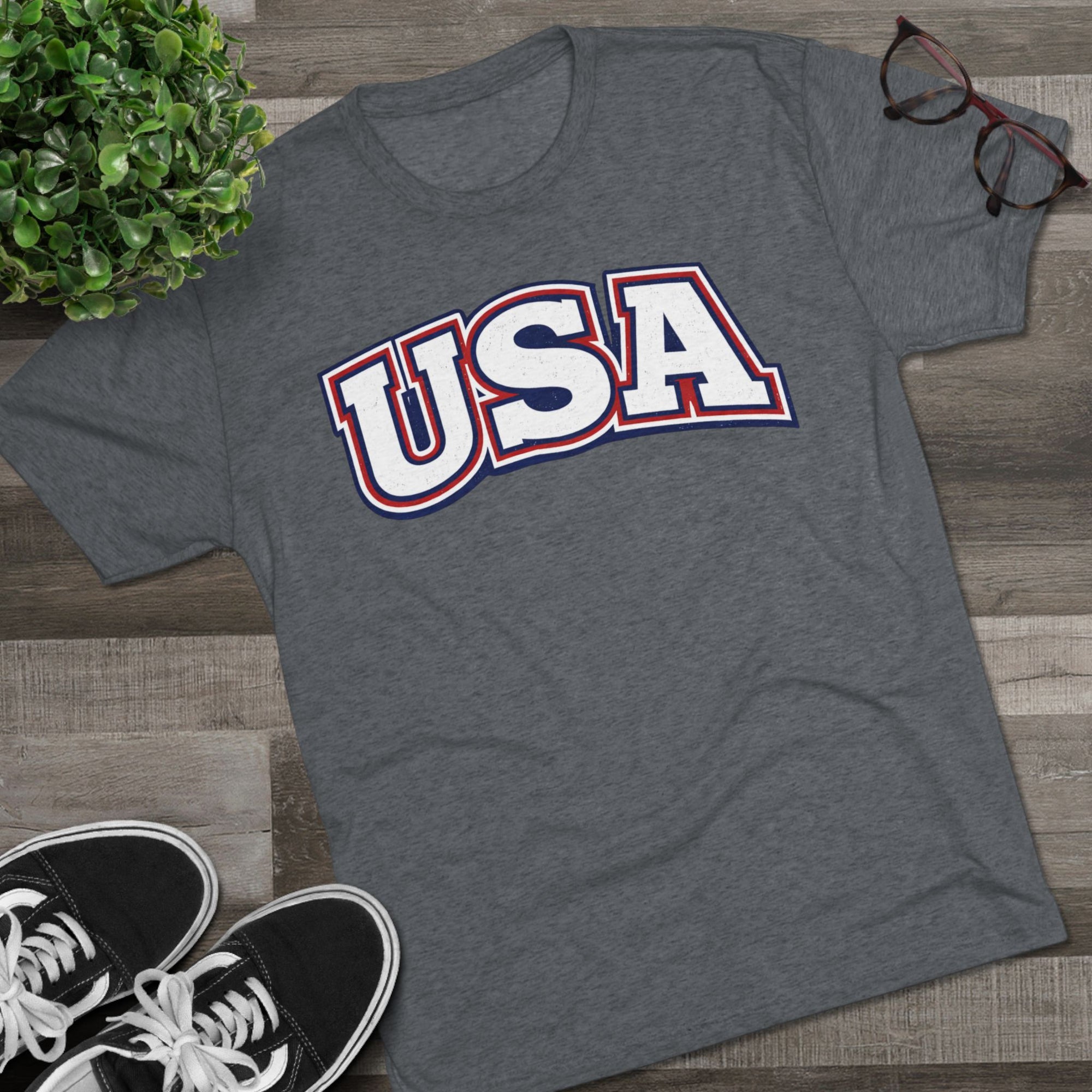 USA Retro Arch Tee | Patriotic Red White Blue Graphic Shirt