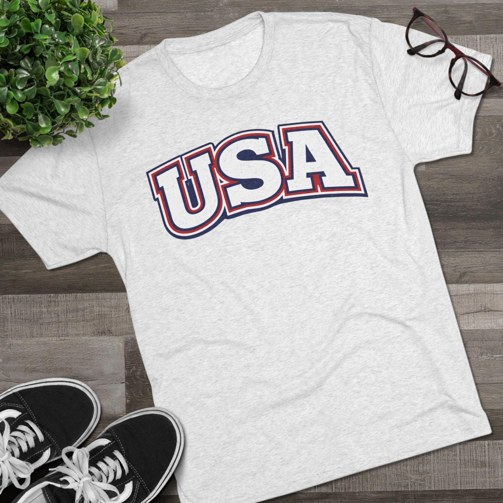 USA Retro Arch Tee | Patriotic Red White Blue Graphic Shirt