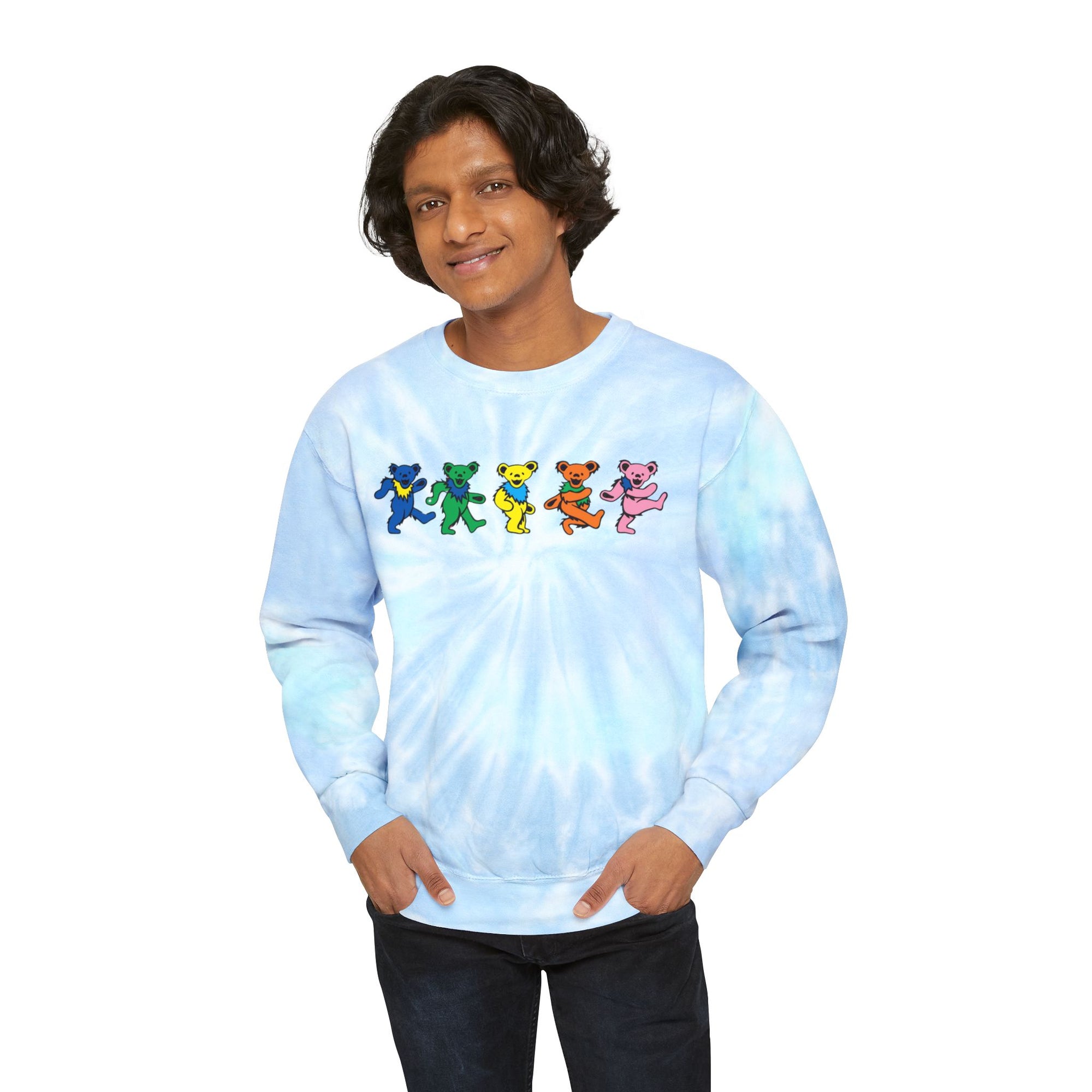 Dancing Rainbow Bears Sweatshirt | Light Blue Tie-Dye Crewneck