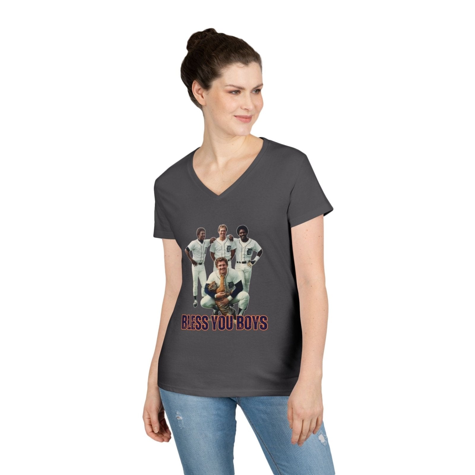 Vintage Bless You Boys Ladies&#39; V - Neck T-Shirt, Casual Tee, Sports Fan Gift, Retro Apparel, Summer Wear, Funny Graphic Shirt - Selden &amp; Kingsley
