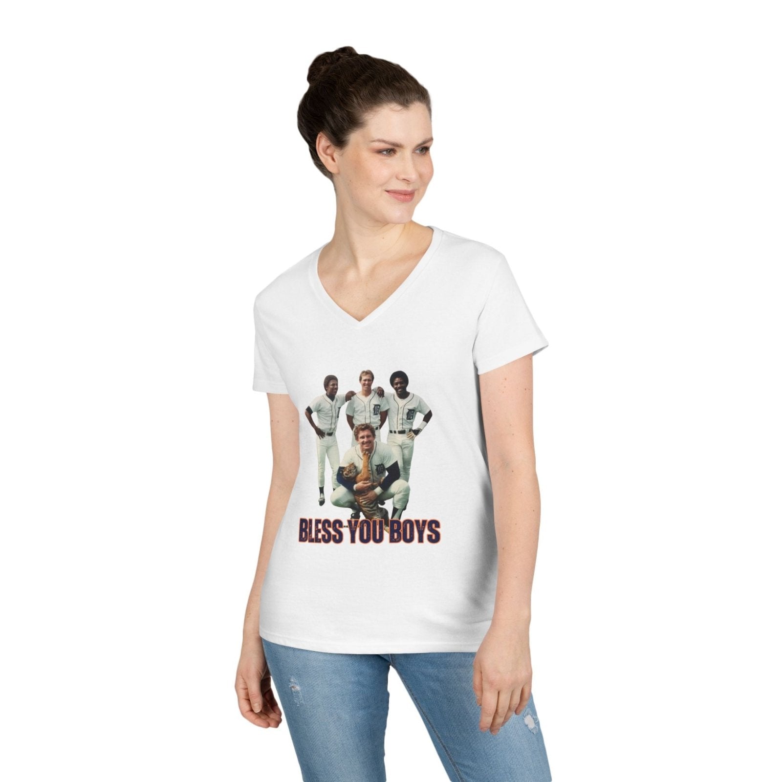 Vintage Bless You Boys Ladies&#39; V - Neck T-Shirt, Casual Tee, Sports Fan Gift, Retro Apparel, Summer Wear, Funny Graphic Shirt - Selden &amp; Kingsley