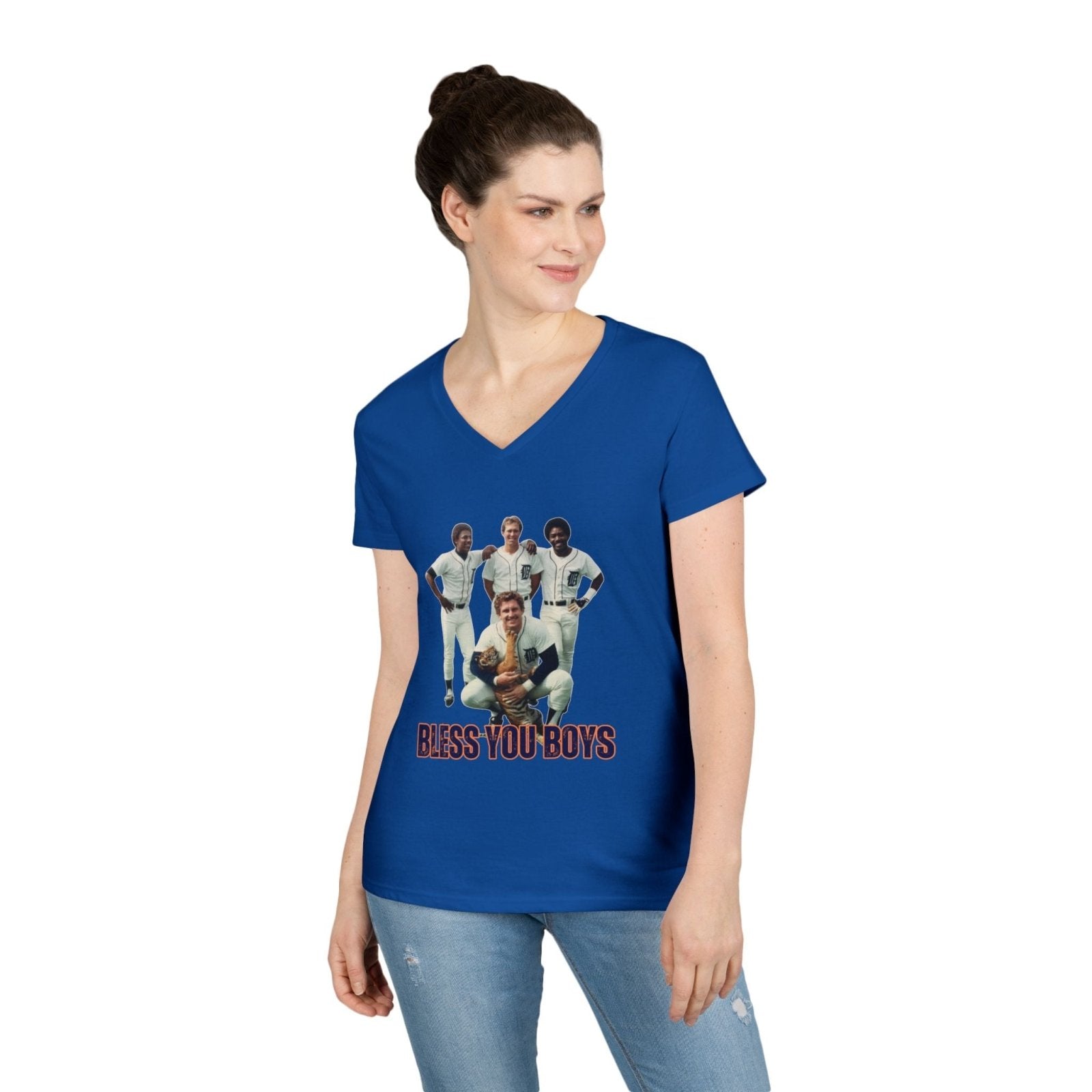 Vintage Bless You Boys Ladies&#39; V - Neck T-Shirt, Casual Tee, Sports Fan Gift, Retro Apparel, Summer Wear, Funny Graphic Shirt - Selden &amp; Kingsley