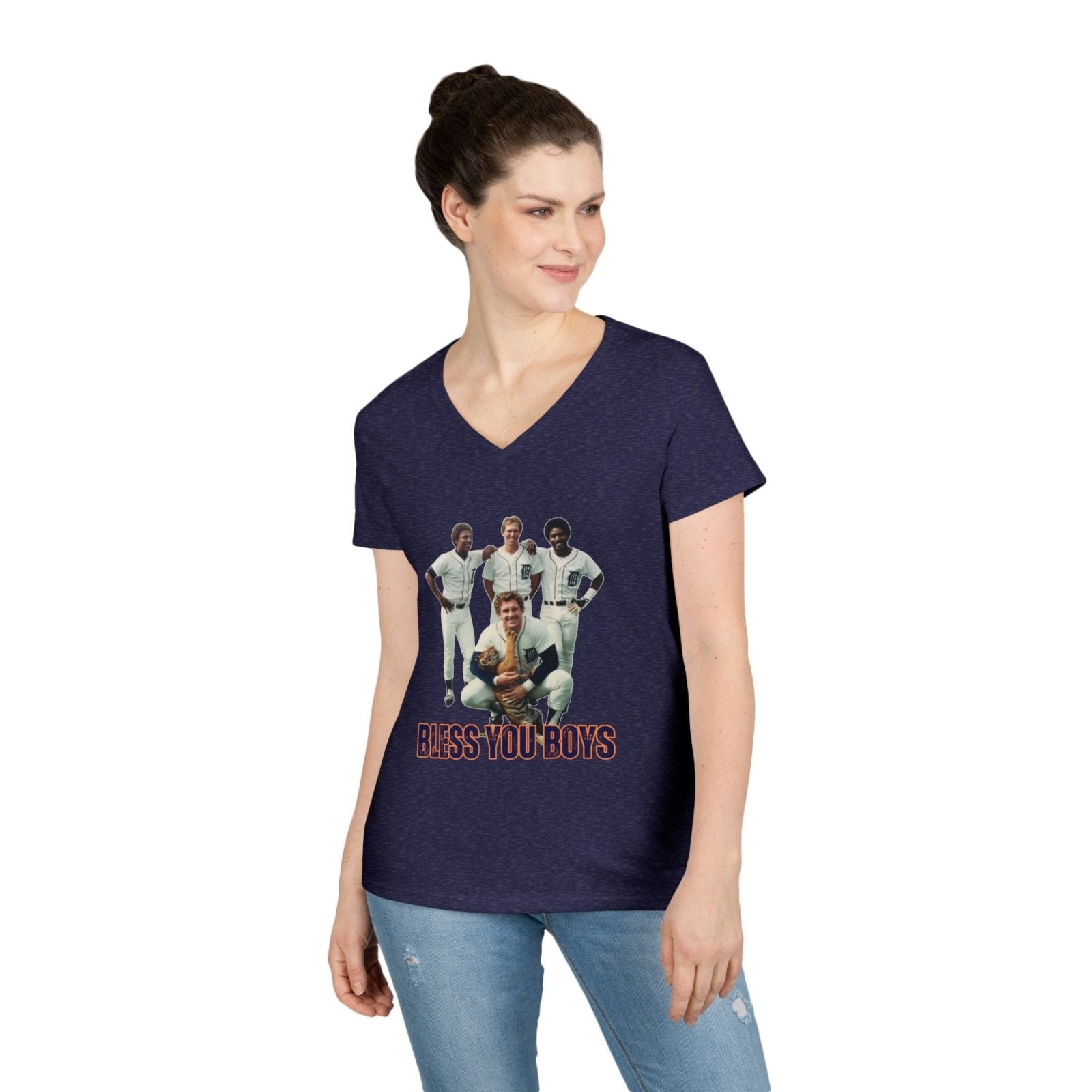 Vintage Bless You Boys Ladies&#39; V - Neck T-Shirt, Casual Tee, Sports Fan Gift, Retro Apparel, Summer Wear, Funny Graphic Shirt - Selden &amp; Kingsley