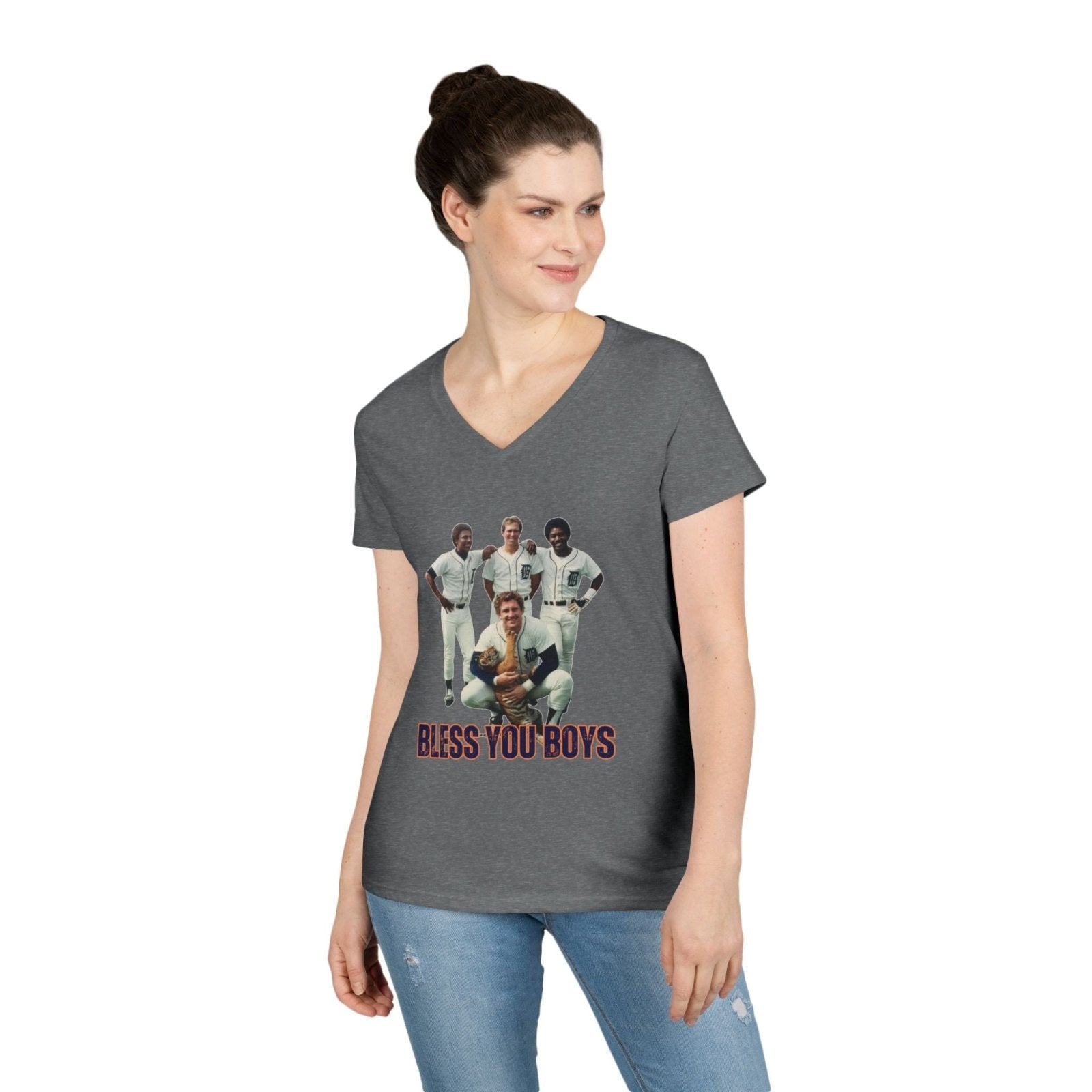 Vintage Bless You Boys Ladies&#39; V - Neck T-Shirt, Casual Tee, Sports Fan Gift, Retro Apparel, Summer Wear, Funny Graphic Shirt - Selden &amp; Kingsley