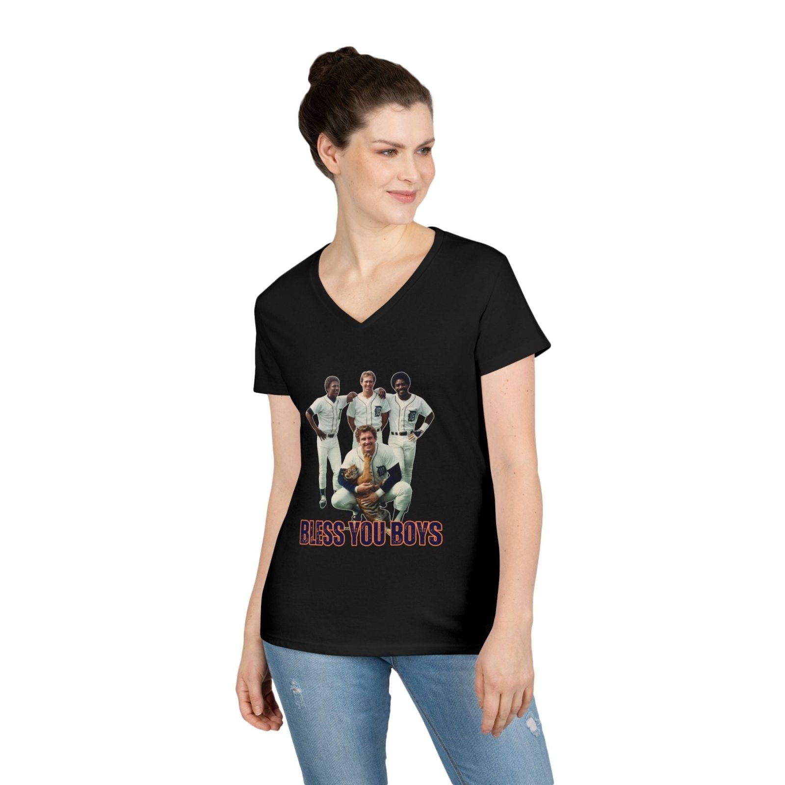 Vintage Bless You Boys Ladies&#39; V - Neck T-Shirt, Casual Tee, Sports Fan Gift, Retro Apparel, Summer Wear, Funny Graphic Shirt - Selden &amp; Kingsley