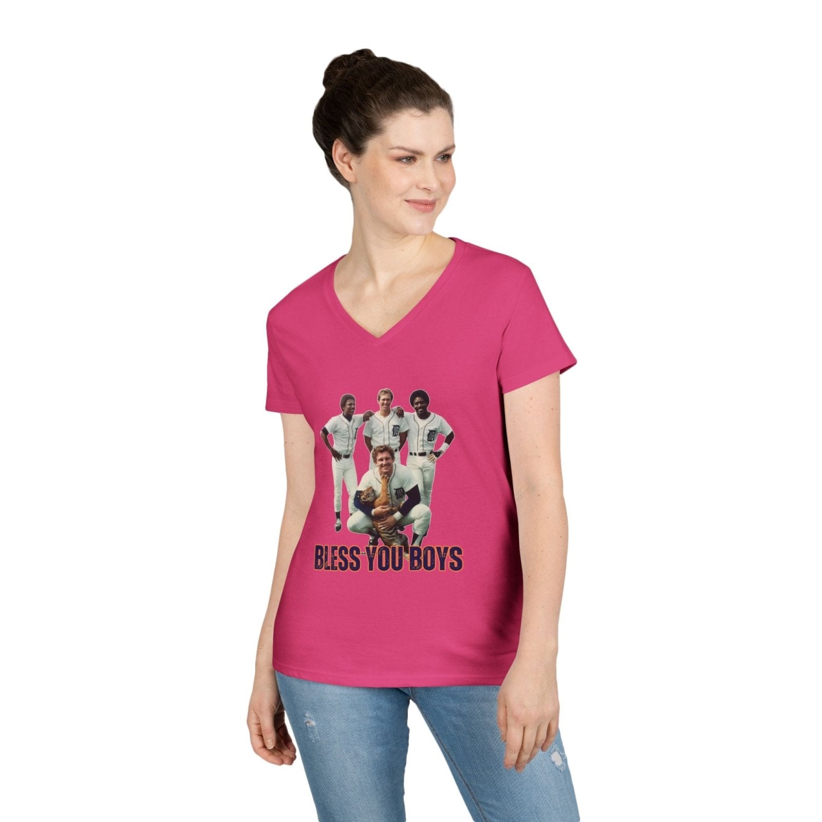 Vintage Bless You Boys Ladies&#39; V - Neck T-Shirt, Casual Tee, Sports Fan Gift, Retro Apparel, Summer Wear, Funny Graphic Shirt - Selden &amp; Kingsley