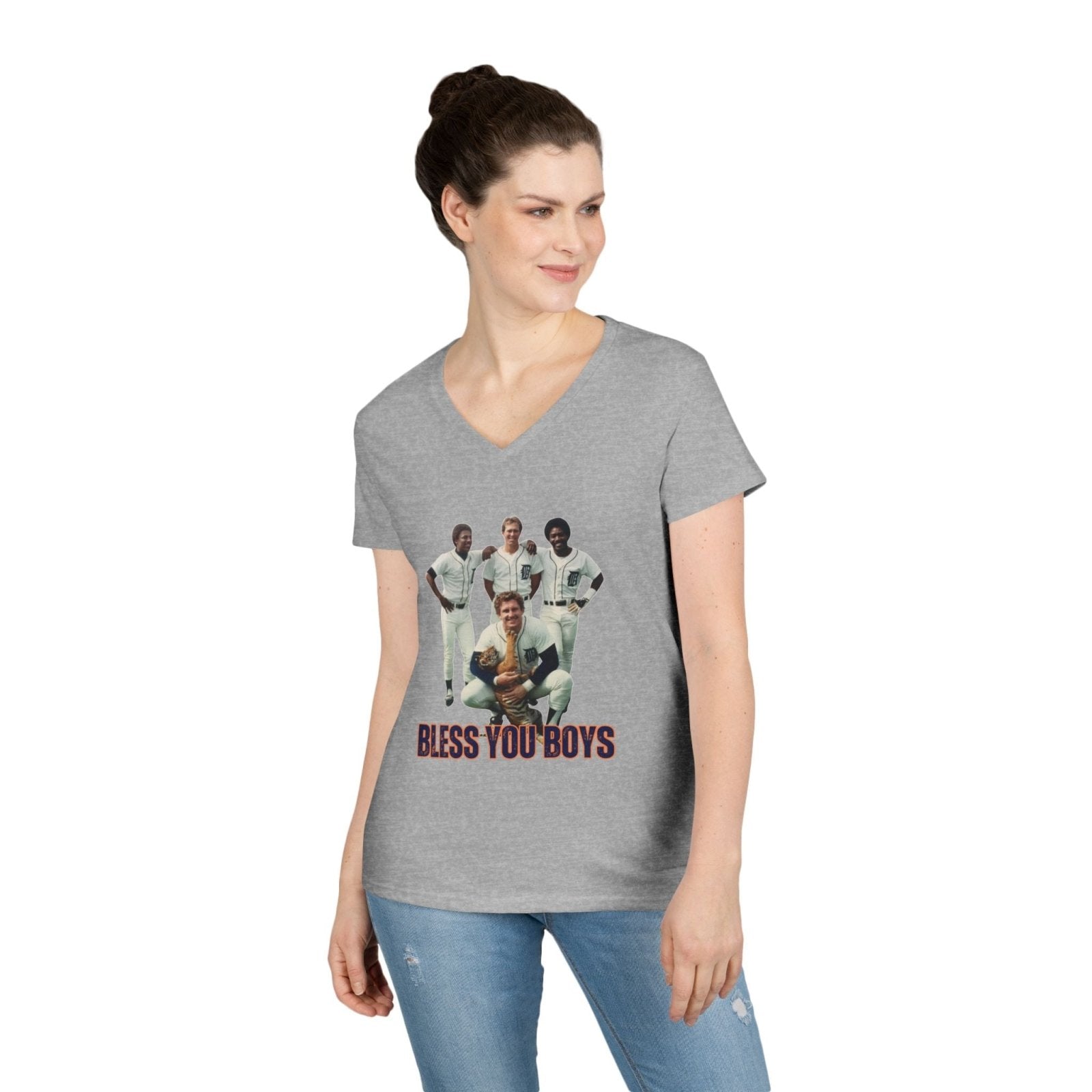 Vintage Bless You Boys Ladies&#39; V - Neck T-Shirt, Casual Tee, Sports Fan Gift, Retro Apparel, Summer Wear, Funny Graphic Shirt - Selden &amp; Kingsley