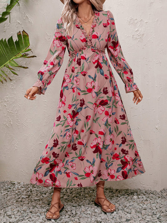 Floral Frill Trim V-Neck Maxi Dress - Selden & Kingsley