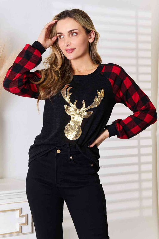 Heimish Full Size Sequin Reindeer Graphic Plaid Top - Selden & Kingsley