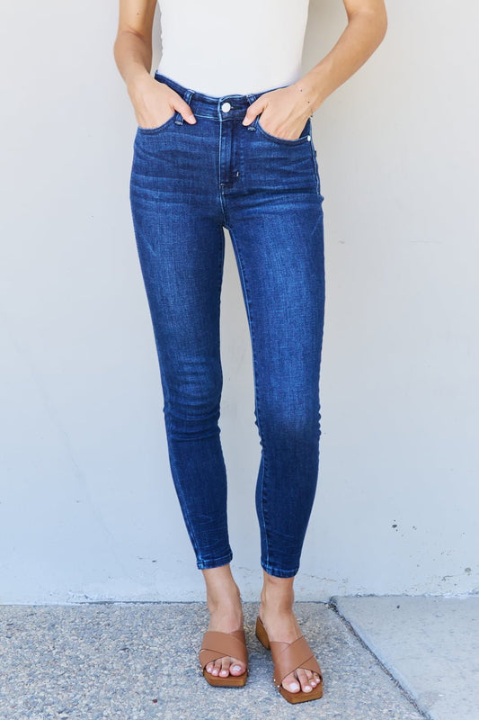 Judy Blue Marie Full Size Mid Rise Crinkle Ankle Detail Skinny Jeans - seldenkingsley